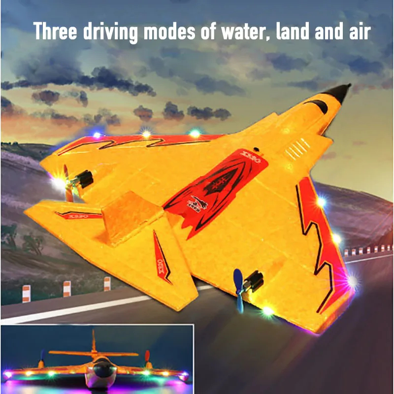 NM59622 Water, Land & Air 3-in-1 RC Plane with Light Fixed Wing Hand Throwing EPP Foam RC Airplane Fighter Glider Aircraft Toys - Blue & Orange