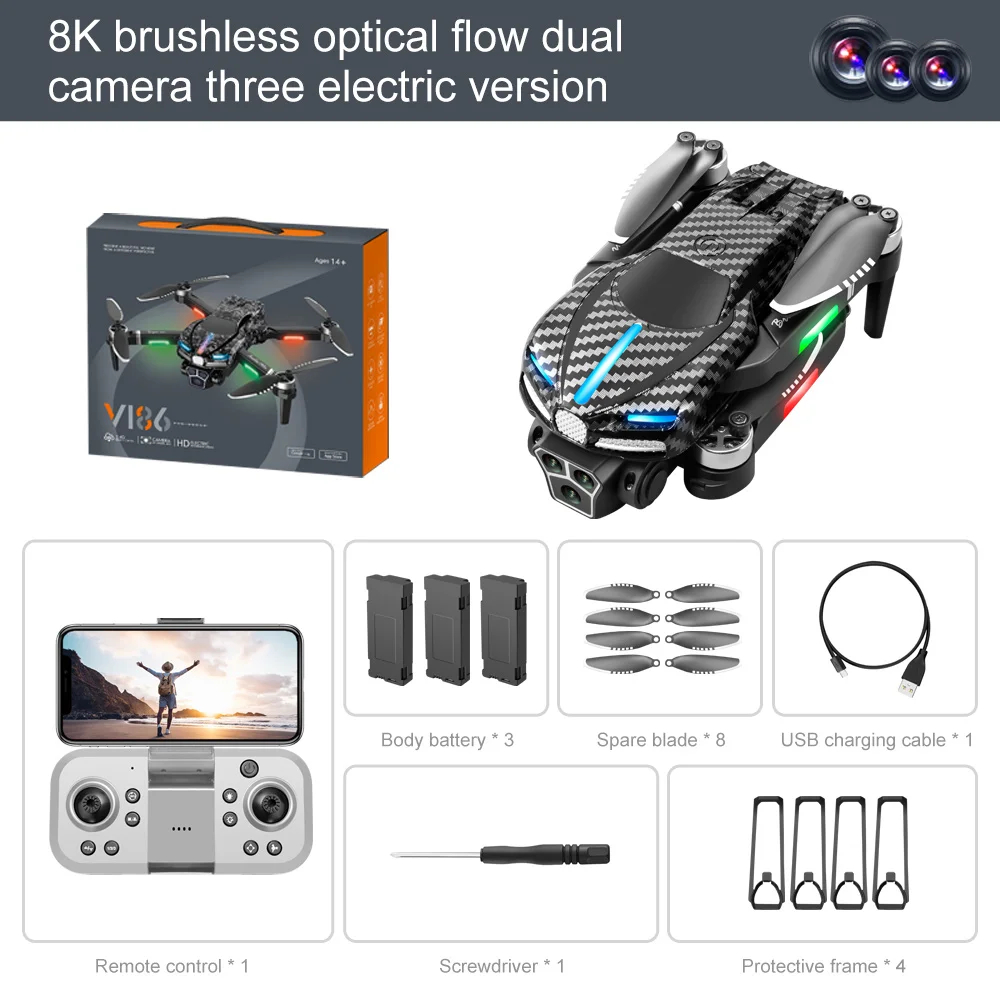 NM61332 New V186 8K Three Camera Professional Drone FPV Brushless Obstacle Avoidance RC Helicopter Folding Four Axis Aircraft