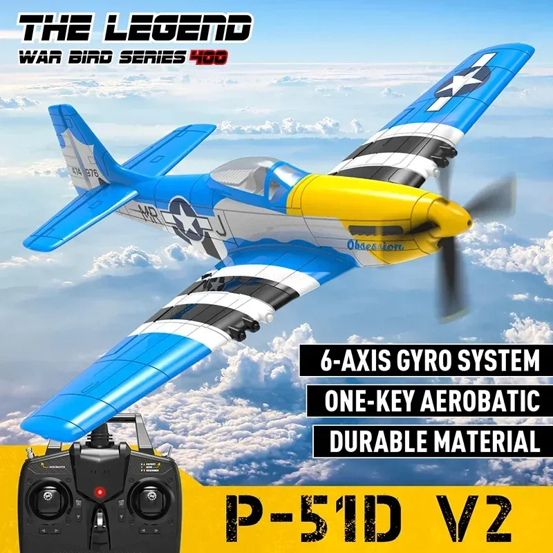 NM61797 761-5V2 Blue P-51D4 Four Channel Wireless Remote Control Aircraft Model Electric Stunt RC Aircraft Childrens Toy Fun Gift, Blue