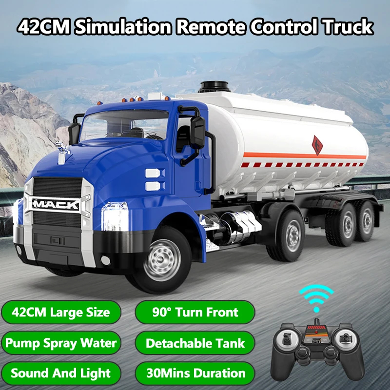 NM61944 Simulation Remote Control Tanker 42CM 90 deg Turn Front Pump Detachable Tank Spray Water Sound & Light 30Mins RC Truck Model Toy