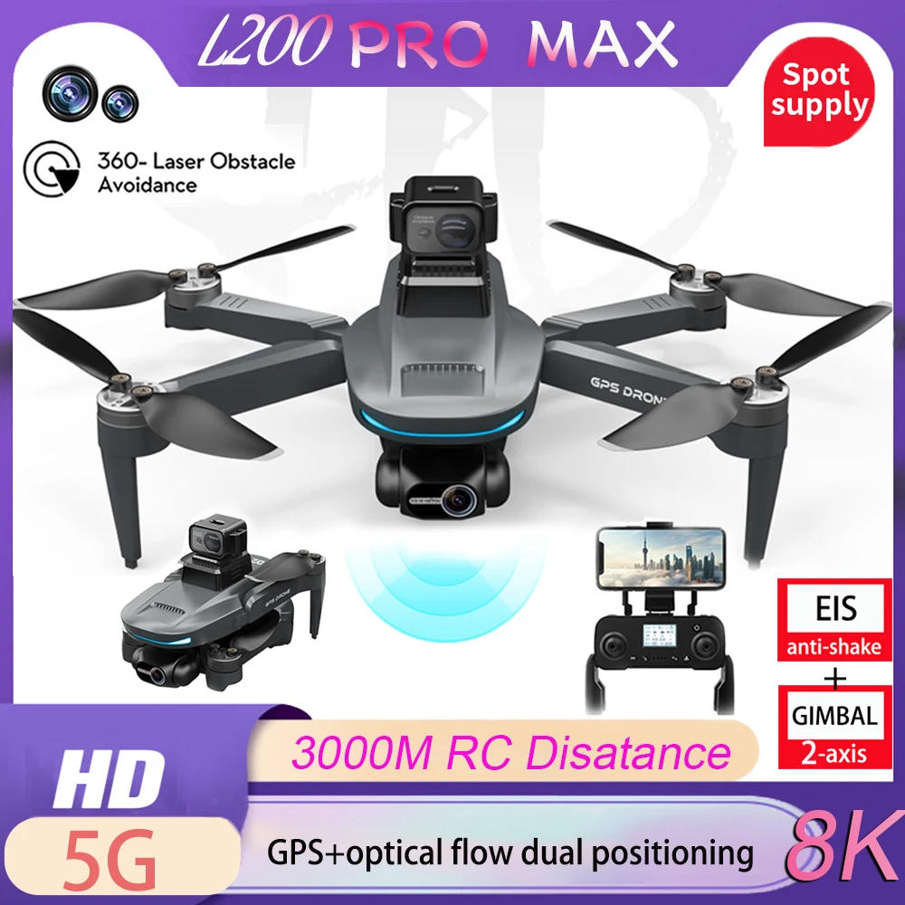 Pro Max Professional Unmanned 2-Axis PTZ 8K Camera 360 deg Obstacle Avoidance Brushless Motor GPS 5G Wi-Fi FPV Quadcopter Toys, Silver & Gray