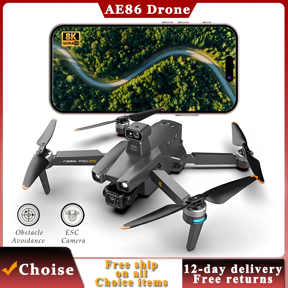 NM62463 AE86 Drone with Camera 4Km Professional RC Aerial Photography Laser Obstacle Avoidance Three-axis Gimbal Anti Shake 8K Drone - Black & Gray