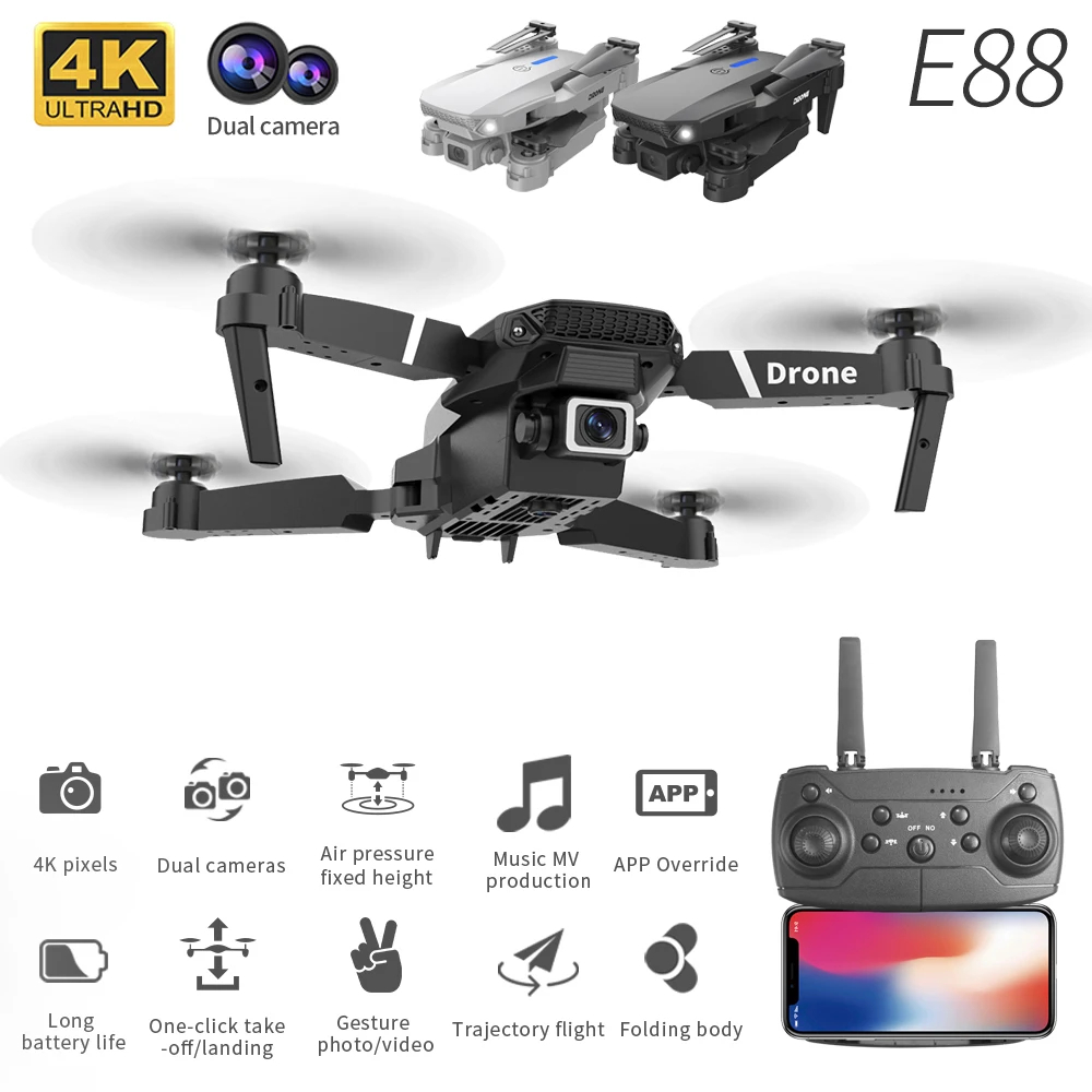 NM58331 Pro Drone 4K Professional 1080P HD 4K RC Airplane Dual-Camera Wide-Angle Head Remote Quadcopter Airplane Toy Helicopter Toys - Black & White