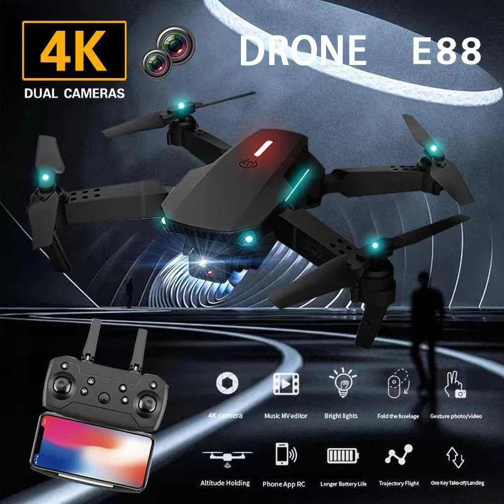 NM58726 Drone 2024 E88S-E99S 8K HD Dual Camera RC Airplane 360 Deg Obstacle Avoidance FPV GPS Folding Helicopter Kids Toys - Black & Orange