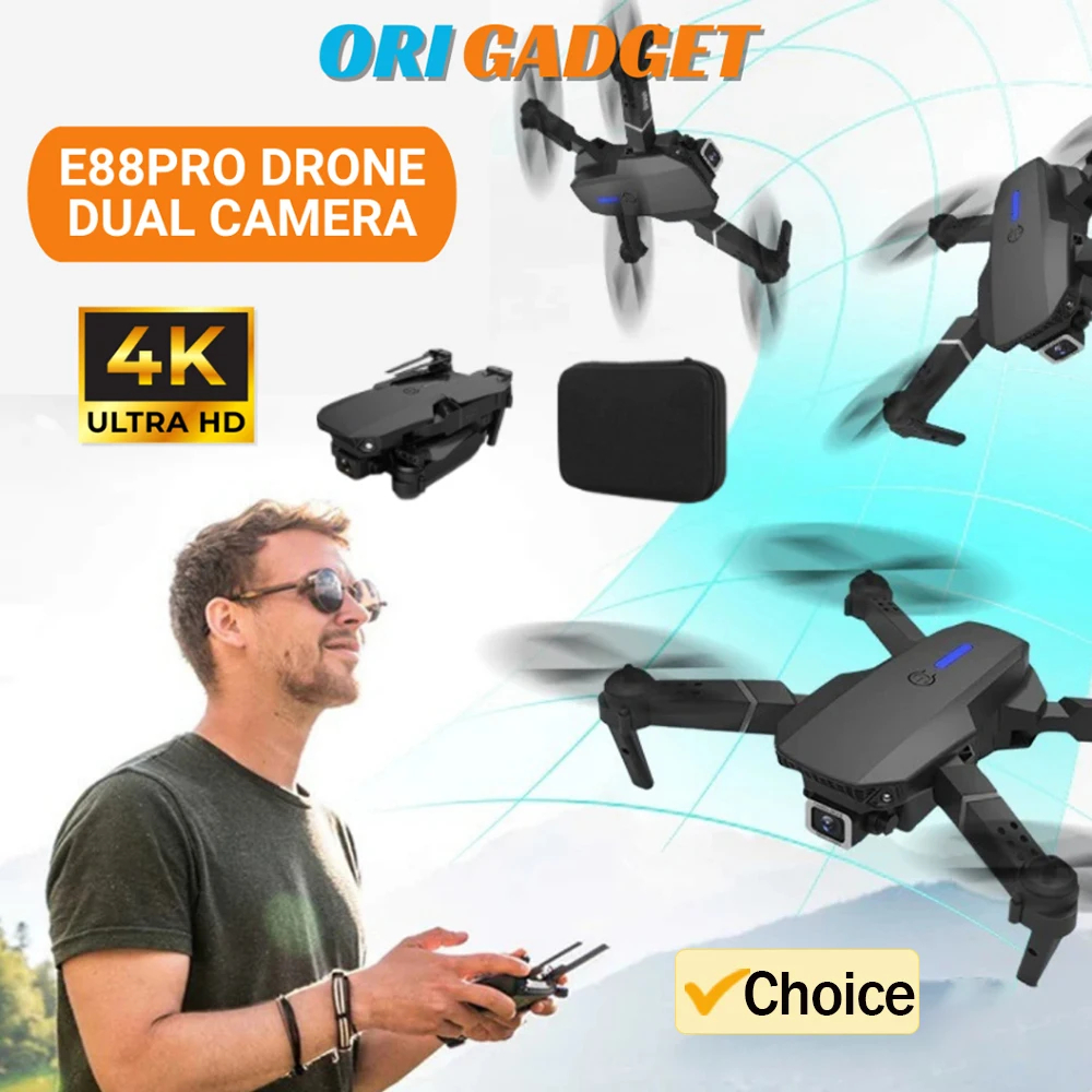 E88S-E99S 8K Brushless Drone 360 Deg Obstacle Avoidance Dual Camera Flyer FPV Optical Stream Positioning Helicopter RC Kids Toy - Black & Orange