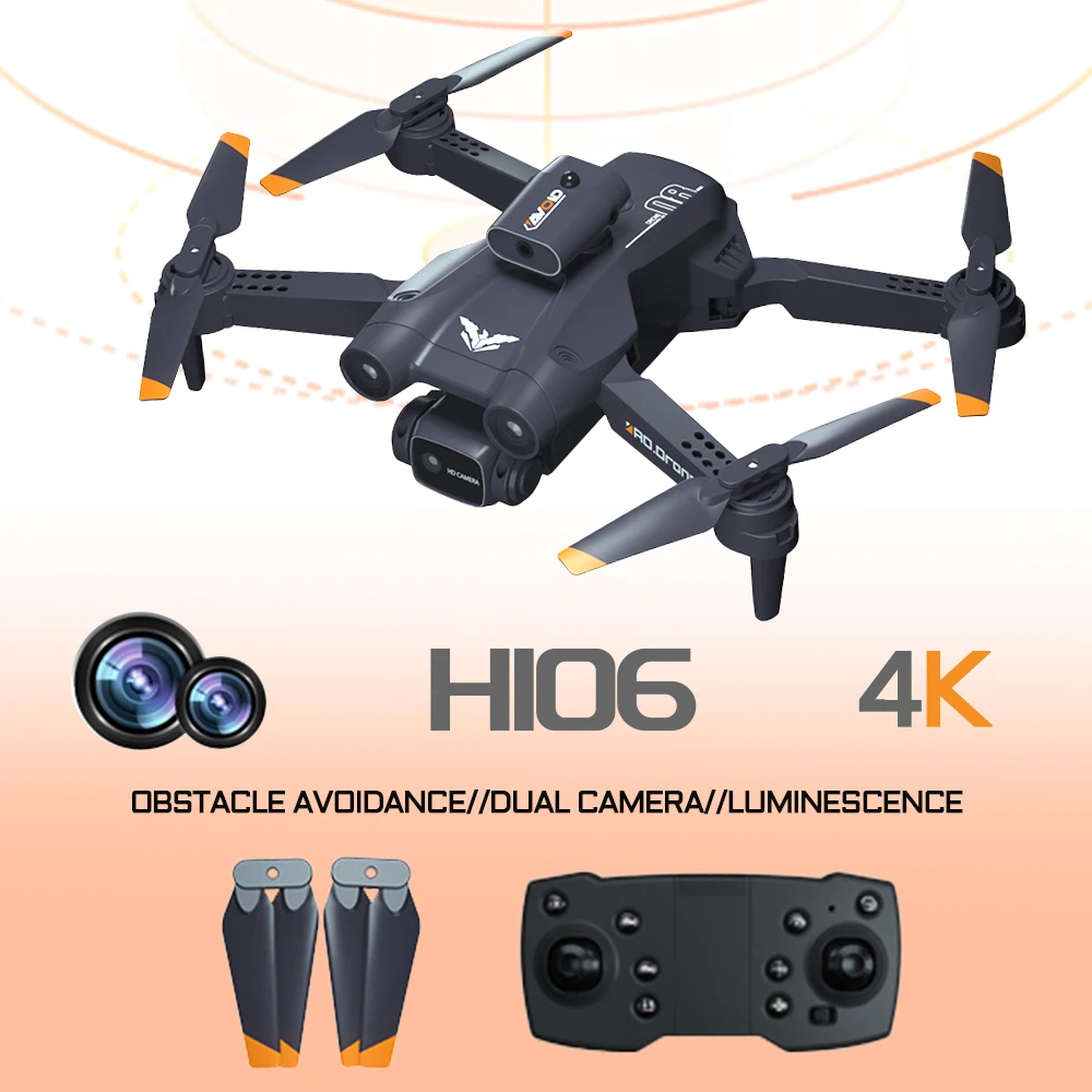 NM59158 H106 RC Drone Quadcopter with 4K Professional Dual Camera Foldable Drone Obstacle Avoidance Helicopter Toy Kids RC Toys - Black & Orange