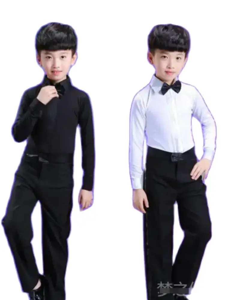 NM59204 Boys Latin Dance Costume Ballroom Cha Cha Tango Stage Performance Costumes Children Black White Bow Top & Pant