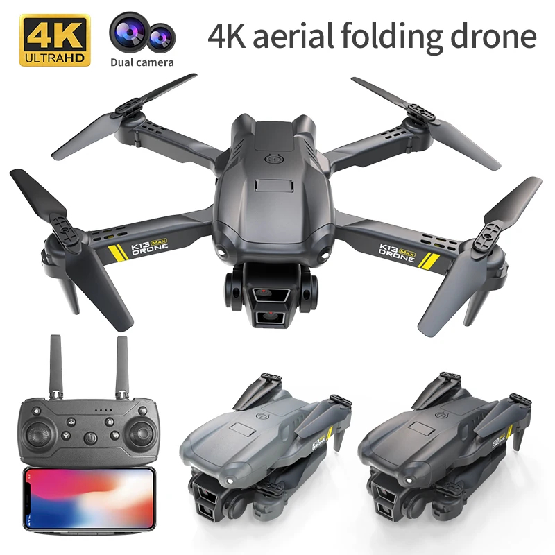 NM59281   K13 Max Foldable Drone Professional 4K HD Dual Camera 5G Wi-Fi GPS Remote Control Toys Quadcopter RC UAV for Mens Gifts, Black & Grey
