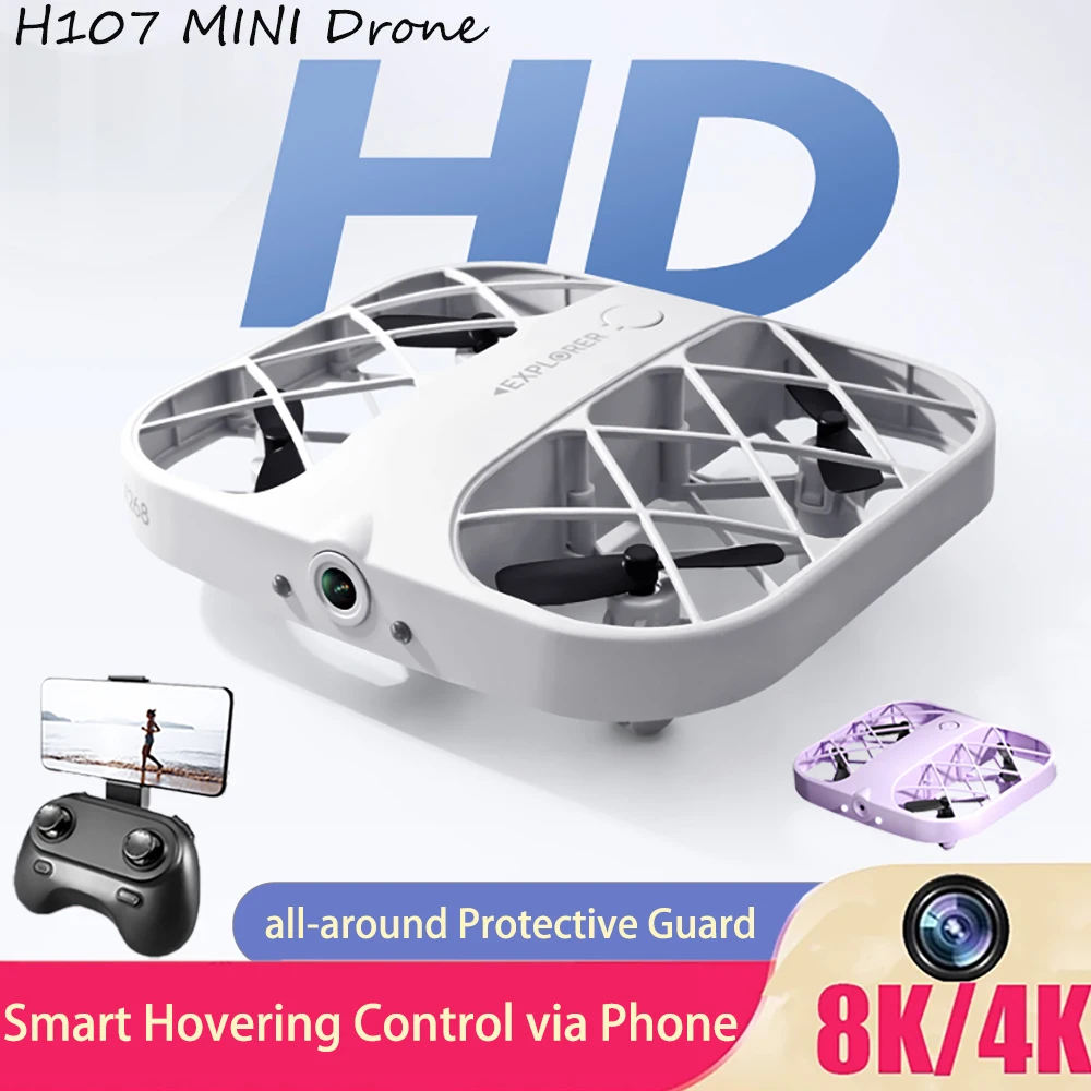 NM59329 H107 Mini Drone Wi-Fi Quadcopter with Camera 8K 4K Safe Real Time Transmission Pocket UFO Remote Control Aircraft Boy Toys - White & Blue
