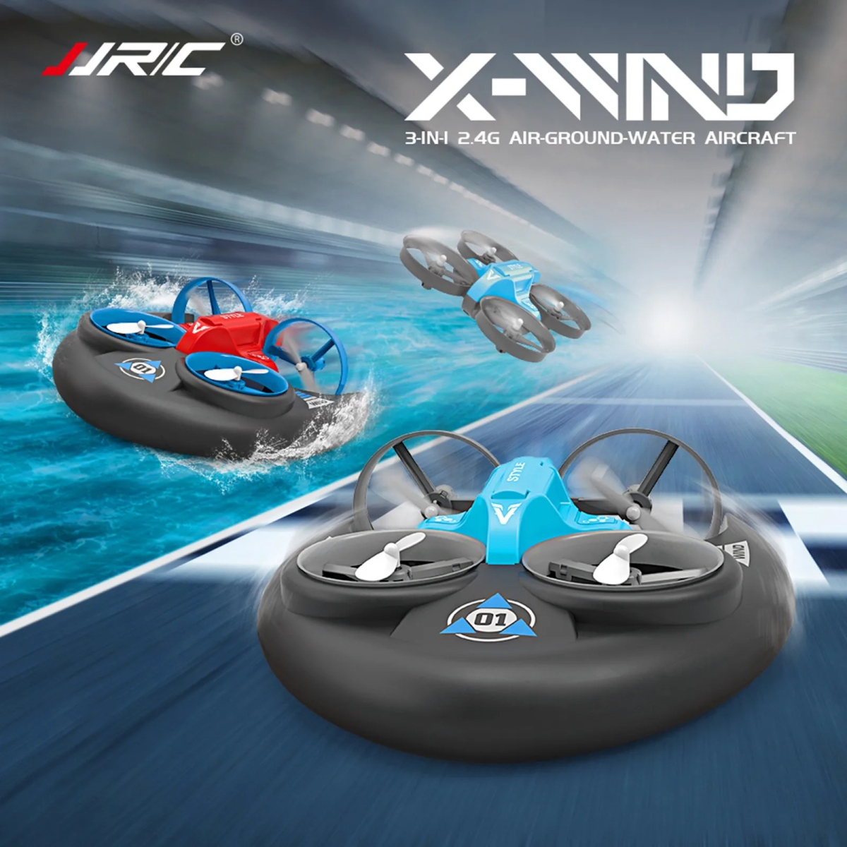 NM59338 H101 2.4G RC Water Land & Air Four Axis Flying Hovercraft Remote Control Vehicle 3-in-1 RC Mini Drone Children Toy Gift, Red & Blue