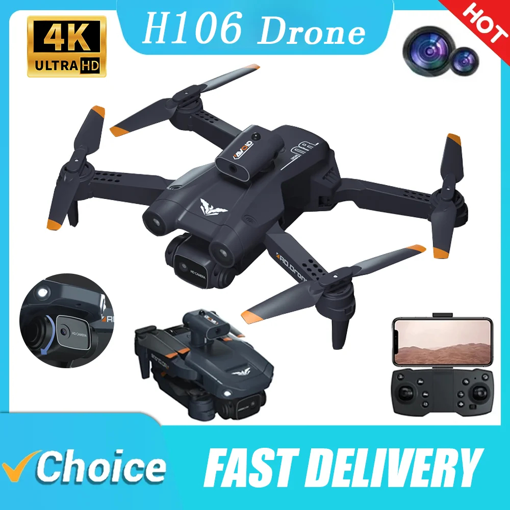 NM59270 H106 Foldable Drone with 4K Professional Dual Camera 360 Deg Obstacle Avoidance Quadcopter Aerial Photography RC Drones Toys - Black & Orange