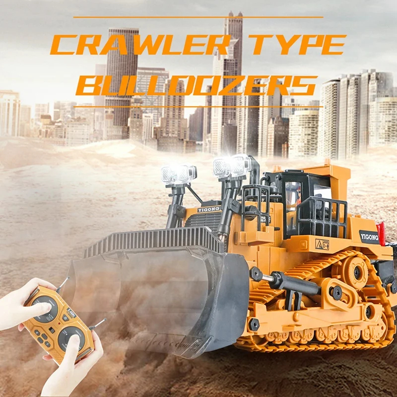 NM59424 1045 RC Truck Bulldozer with LED Lights 9CH Alloy Remote-controlled Engineering Vehicle Track Multifunctional Toy Car Boy - Yellow & Black