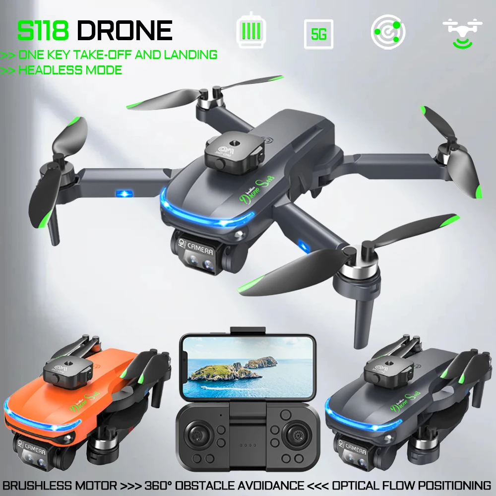 NM59819 HD Camera Drone Optical Flow Drone Brushless Motor Obstacle Avoidance Drone Four Rotor Helicopter S118 RC Toy - Black & Orange