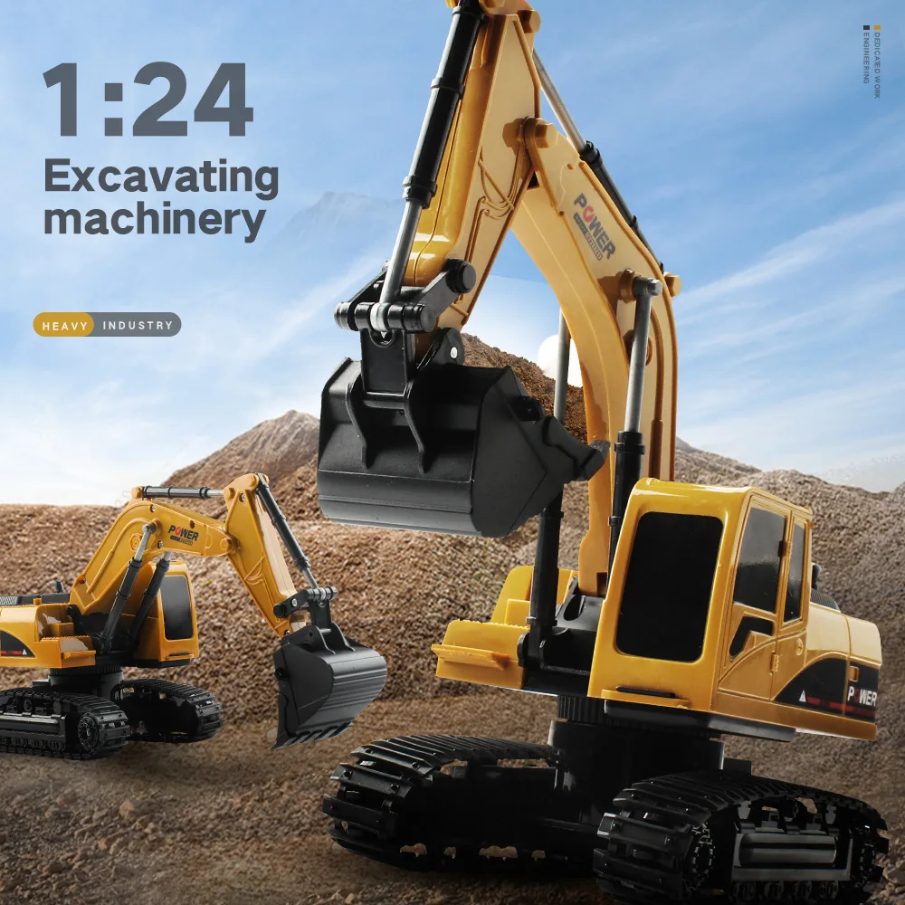NM60158 RC Excavator 2.4G Radio Controlled Cars Crawler Tractor Model Engineering Car Digging Soil Truck Sound Toy for Boy Kid Gift, Yellow