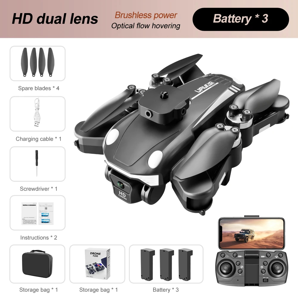 NM60247 NEW F200 Drone Brushless Motor Dual 4K ESC Professional Wi-Fi FPV Obstacle Avoidance Four-Axis Folding RC Quadcopter Toys -  UNO1RC
