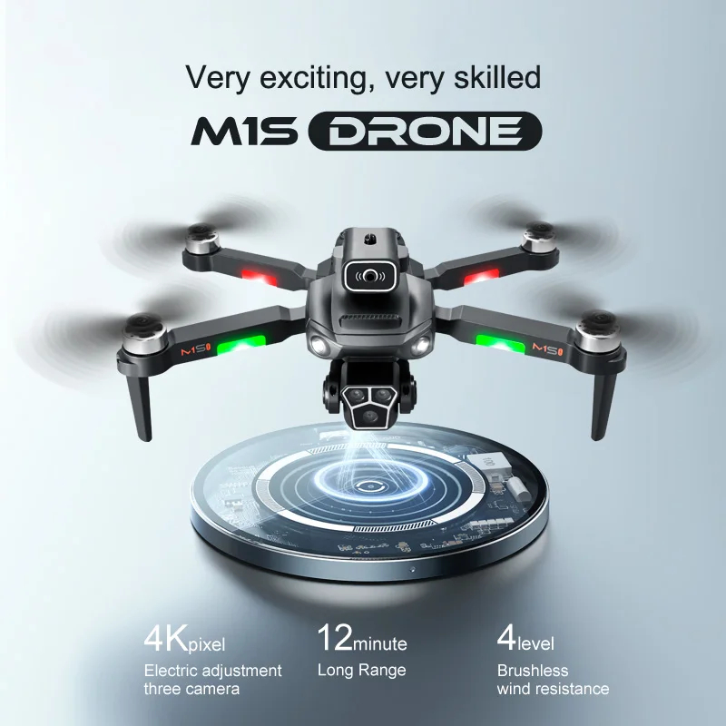 NM60149 M1S RC Drone 4K Three HD Camera Obstacle Avoidance Aerial Photography Brushless Motor Foldable RC Quadcopter - Black & Gray