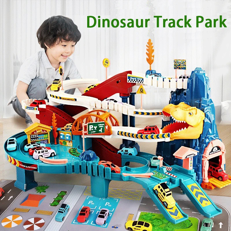 NM60206 Car Ramp Track Dinosaur Climbing Hills Railcar Colorful Vehicles Construction Play Set with Mini Racer Cars Childrens Toys