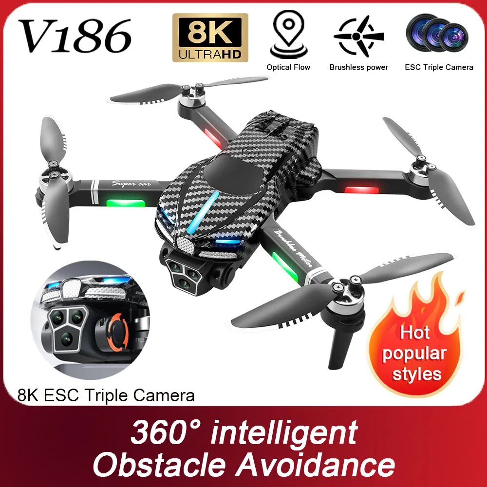 NM60226 V186 FPV Drone 8K HD Three Camera Quadcopter Obstacle Avoidance Foldable Quadcopter Optical Flow RC Drons Toy