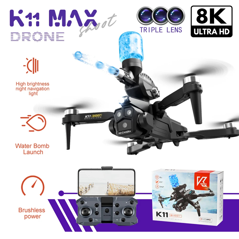 NM60317 Max Drone Water Bombs Launch 360 Deg Laser Obstacle Avoidance 8K HD Three Camera Brushless Motor RC Quadcopter Drone Toys Gift - Black & Gray