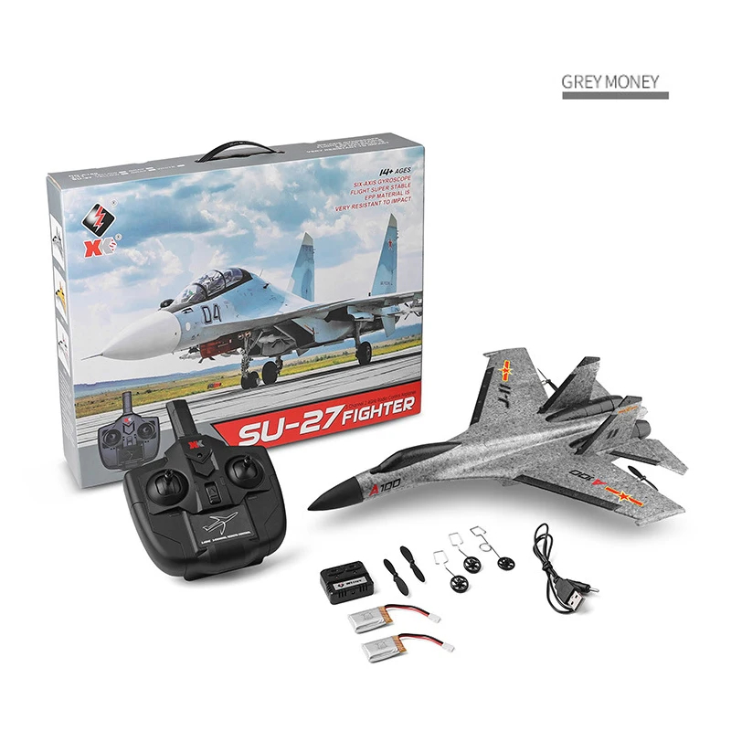 NM60171 XK A100 2.4GHz 3CH Remote Control Airplanes Radio Control Glider SU27 J-11 RC Foam Plane Model Toys for Boy Children - White & Gray