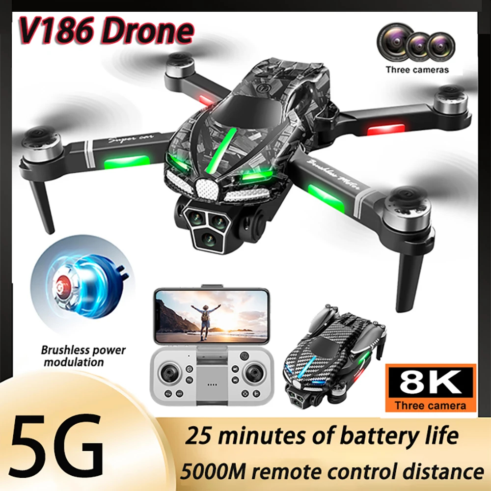 NM60411 V186 Professional Drone 8K Three Camera 5G RC Brushless Obstacle Avoidance Optical Flow Remote Control Helicopter Quadcopter