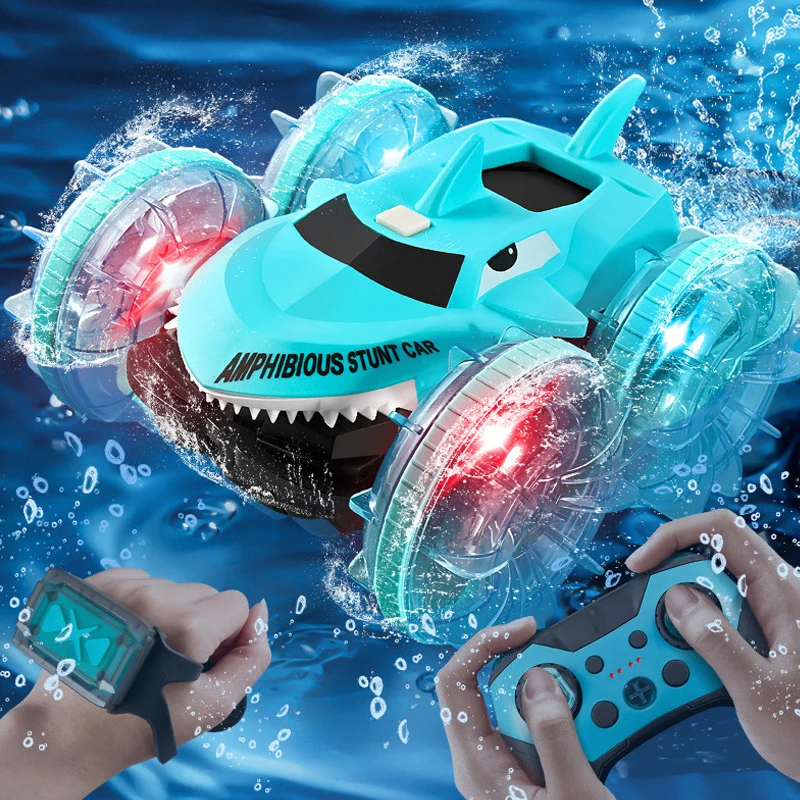 NM60428 Shark Amphibious Remote Control Cars Boat - 4WD Gesture RC Car with LED Lights - Waterproof RC Stunt Car Pool Toys for Kids
