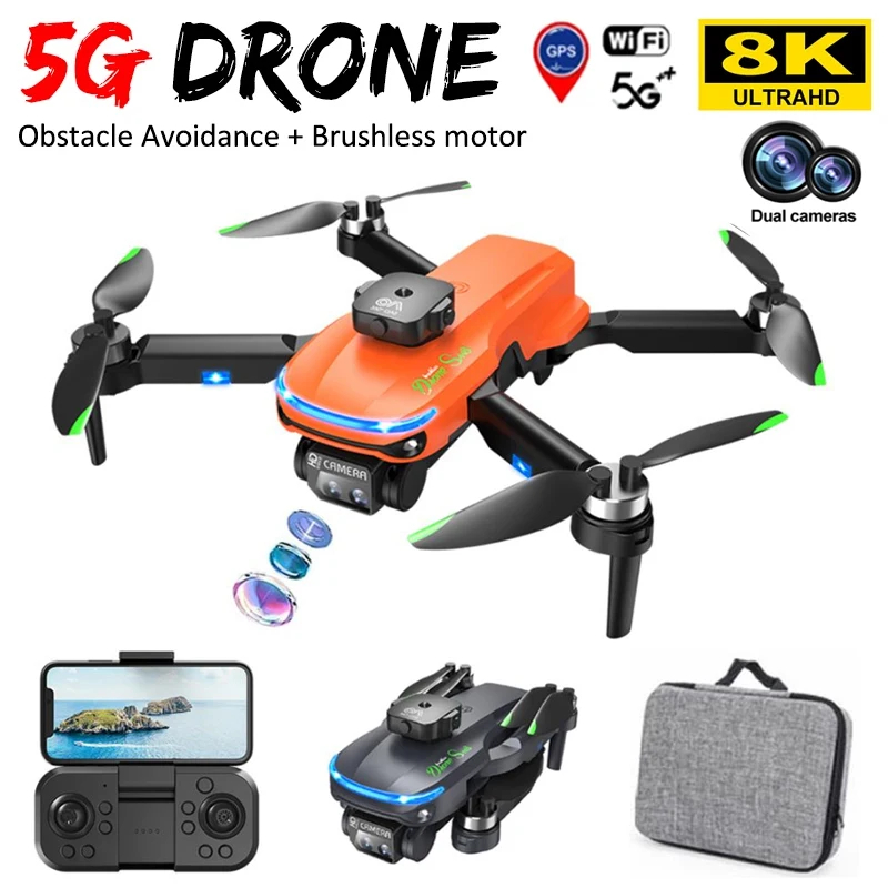NM60737 Drone Professional 8K ESC Drone with Dual Camera Brushless Motor Obstacle Avoidance Foldable RC Quadcopter Toys, Black & Orange