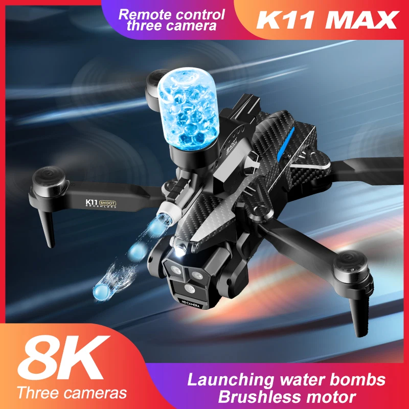 NM60832 K11 Max 8K Professional Brushless Motor with Water Bombs Three Camera Obstacle Avoidance Foldable RC Quadcopter Toy Plane, Black & Gray