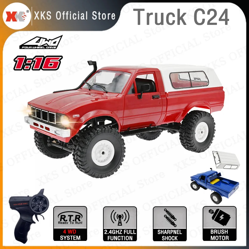 C24 1 by 16 RC Truck 2.4Ghz Remote Control 4WD Off Road Removable Car Roof LED Light RTR KIT Climbing RC Car Toy Gift for Boys, Blue & Red