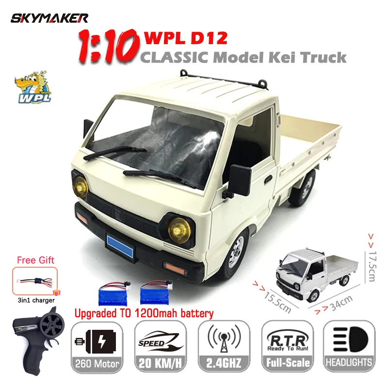 WPL D12 1 by 10 2WD RC Car LED Light on Road Simulation Drift Climbing Car 260 Brushed Motor D12 RC Truck for Kids Gifts Toys, White & Silver