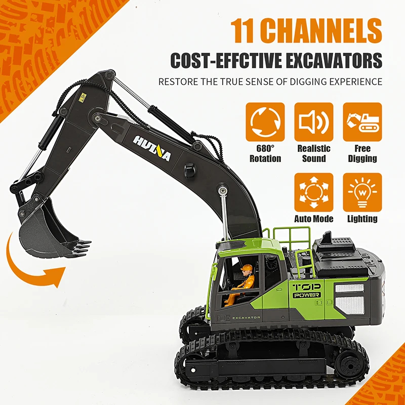 NM61166 Remote Control Excavator Toy 11 Channel 2.4Ghz RC Construction Vehicles with Metal Shovel Truck Toys for Kids Boys 1661, Gray