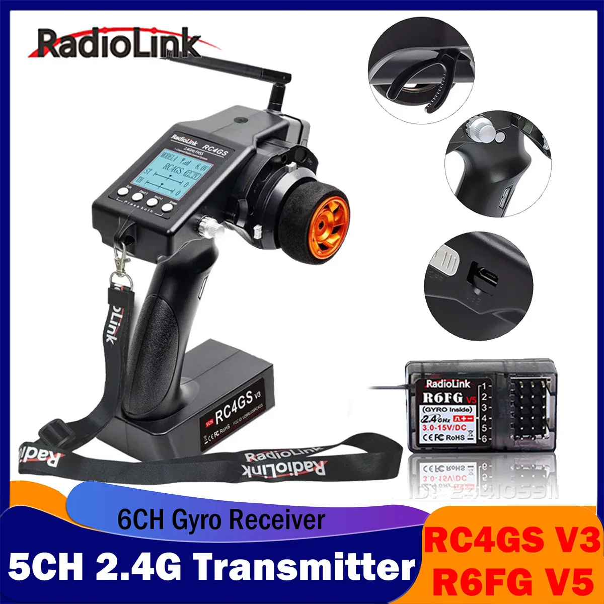 NM61169 5 Channel Transmitter 2.4G Remote Controller & R6FG Gyro 6 Channel Receiver Radio System for RC Car Boat Model Toy Robot