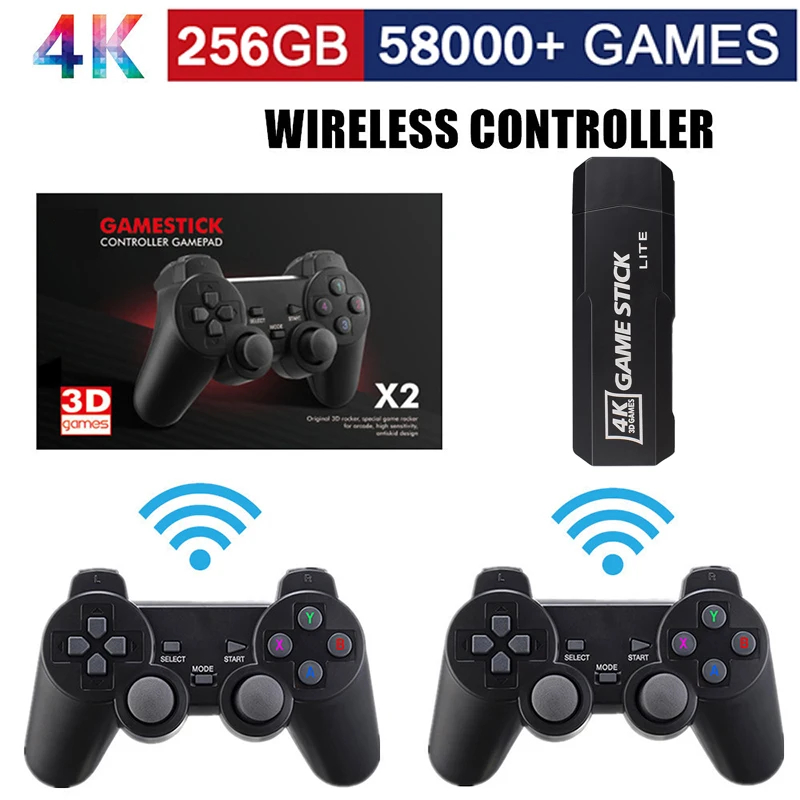 NM59829 Game Stick 256G 4K HD Video Game Console Double Wireless 2.4G Controller Retro Console 58000 Games for PSP Christmas Gift