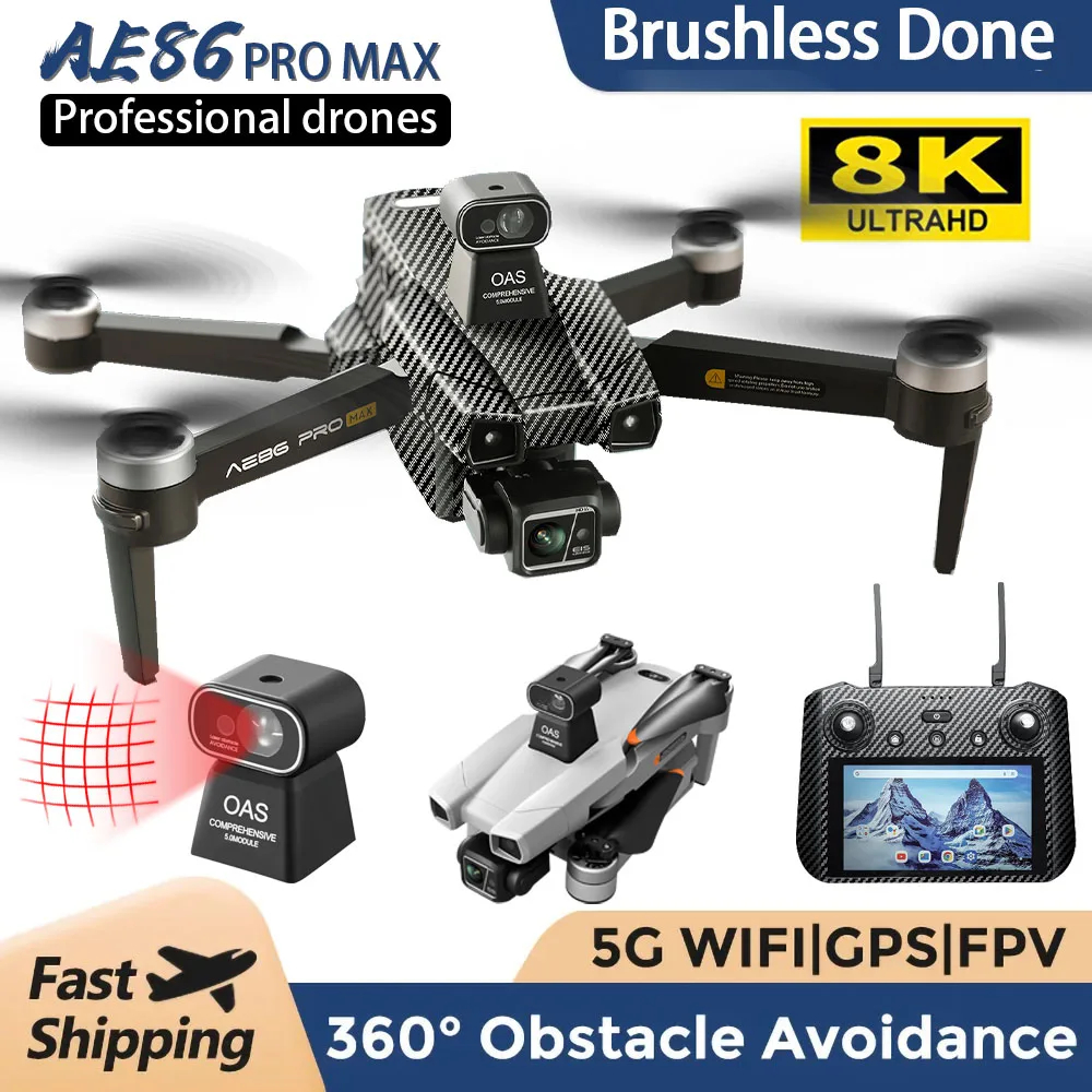 NM62582 Pro Max 8K Dual Camera Professional Drone with Screen RC Drone 3-Axis Gimbal Laser Obstacle Avoidance Helicopter Kids Toys - Black & Gray