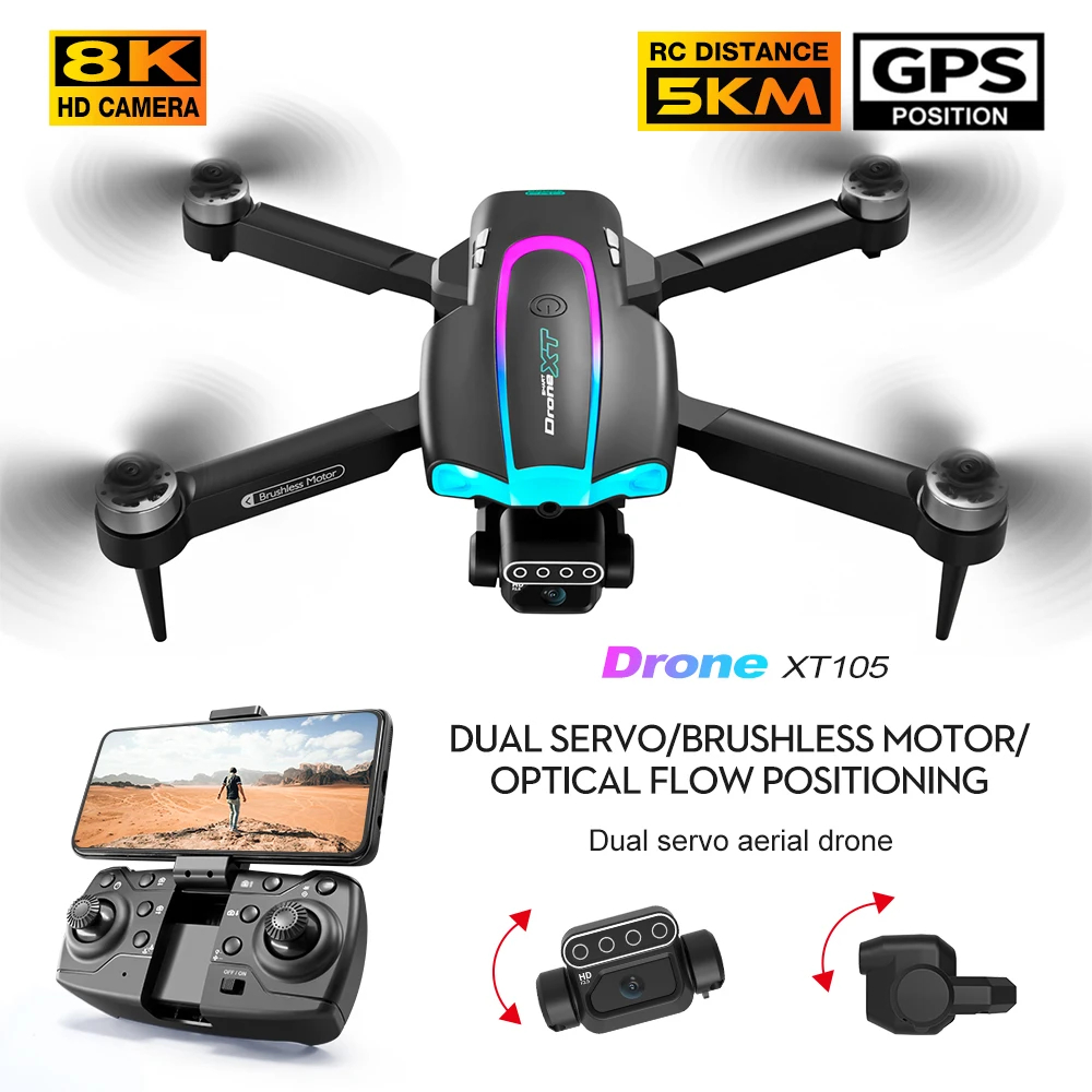 NM60689 XT105 RC Drone 2.4G Wi-Fi FPV 4K Two Axis Pan HD Camera Flight Time Brushless Foldable Brushless Motor Quadcopter Toys