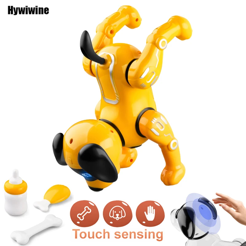 NM59603 Funny RC Robot Electronic Stunt Dog Touch-Sense Music Song Walking Dancing Animal Robot Dog for Boy Girls Children Toys - White & Yellow