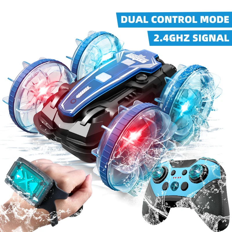 NM58757 LED Amphibious RC Car Dual Remote Control Waterproof Stunt Car Double Side Flip Drift Drive 360 deg Rotation RC Cars Kids Toy