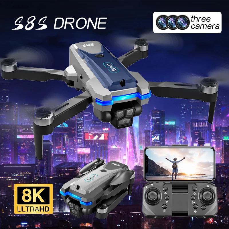 NM59977 2.4G 8k Professional Brushless HD Three Camera Obstacle Avoidance Aerial Foldable Quadcopter Brushless Optical Drone Toys, Black & Silver