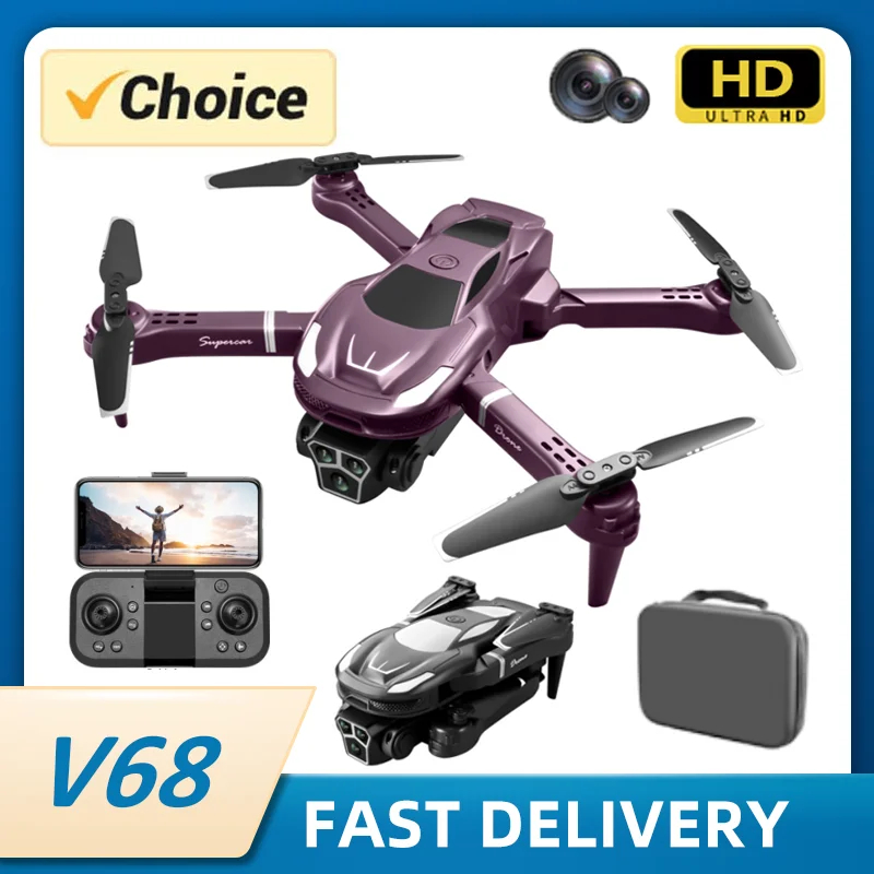 NM60003 V68 Drone Professional Dual HD Camera Aerial Photography FPV Helicopters Obstacle Avoidance Foldable RC Quadcopter Toy Gift - Black & Purple