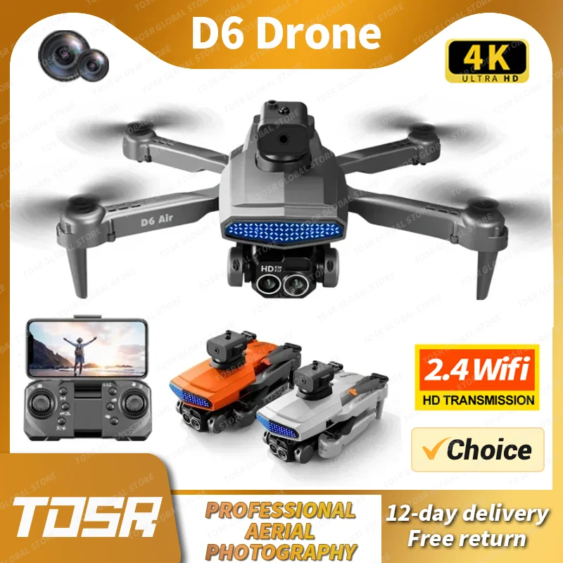D6 Mini Drone 4K Professional Aerial Photography Obstacle Avoidance HD Camera Brushless Foldable Quadcopter RC Toys Gifts - Black, Gray & Orange