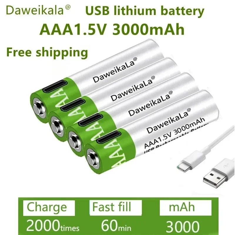 NM59821 AAA Rechargeable Batteries 1.5V 3000mAh Li-ion Battery for Remote Control Mouse Electric Toy Battery Plus Type-C Cable