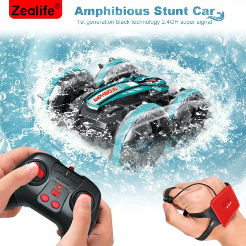NM59976 Rechargeable 2.4G RC 4WD Car Amphibious Stunt Remote Control Vehicle Double Sided Rolling Children Electric Toys - Blue & Red