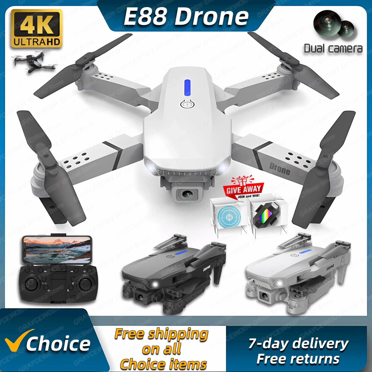NM58247 E88 Pro RC Mini Drone 4K Professional Wide Angle Dual HD Camera Foldable RC Helicopter - Black & White