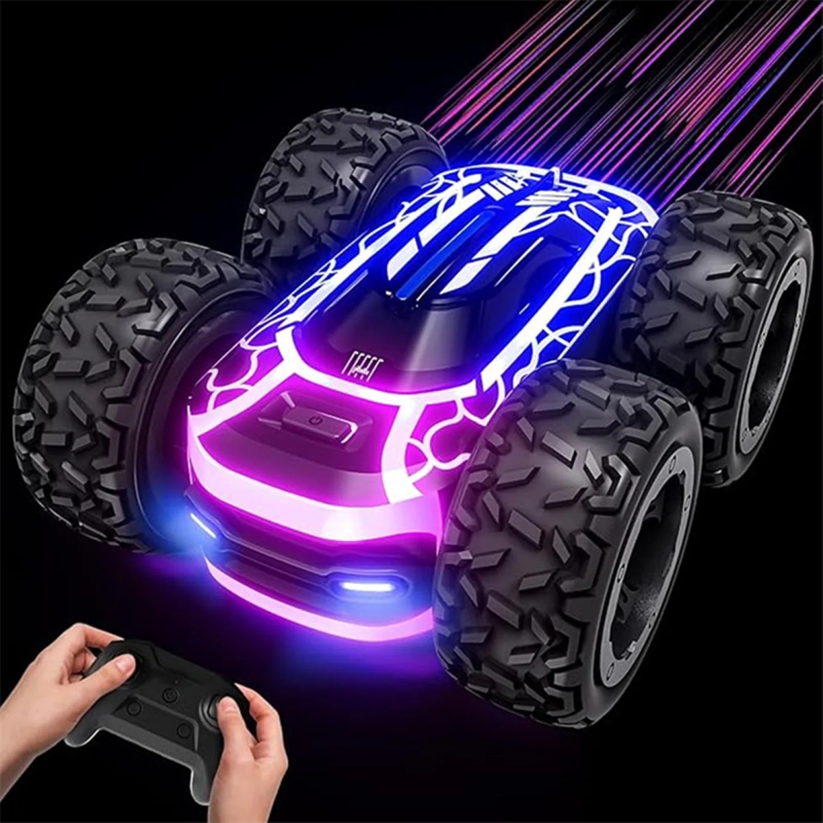 NM58251 2.4GHz 360 Deg Rotating Double Sided RC Stunt Remote Control Car with Lights for Boys - Black