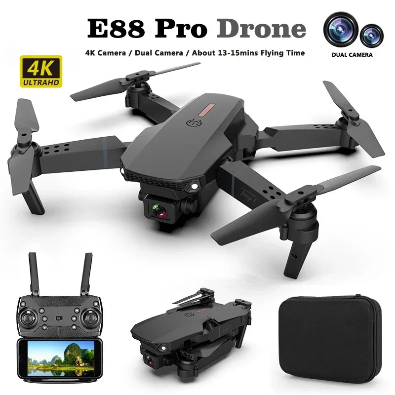 NM58317 Professional HD 4K RC Airplane Dual-Camera Wide-Angle Head Remote Quadcopter Airplane Toy Helicopter Latest E88 Pro Drone - Black -  UNO1RC