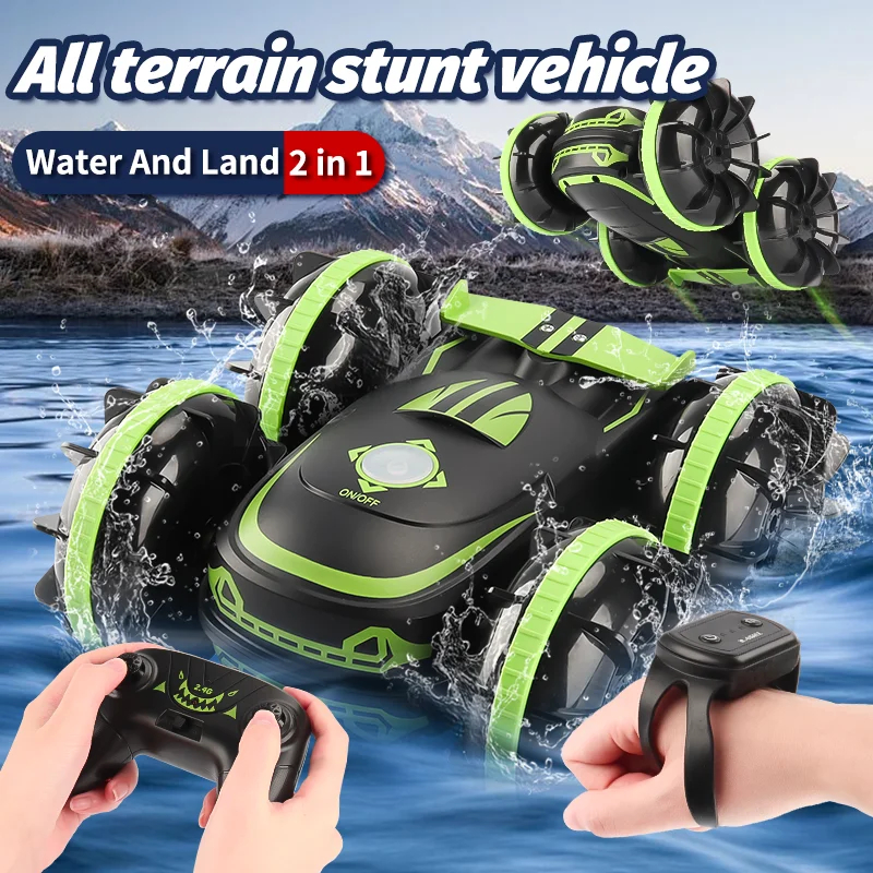 NM58283 4WD Amphibious Vehicle Boat Remote Control Cars RC Gesture Controlled Stunt Drift Car Toy for Kids Adults Children - Blue & Green