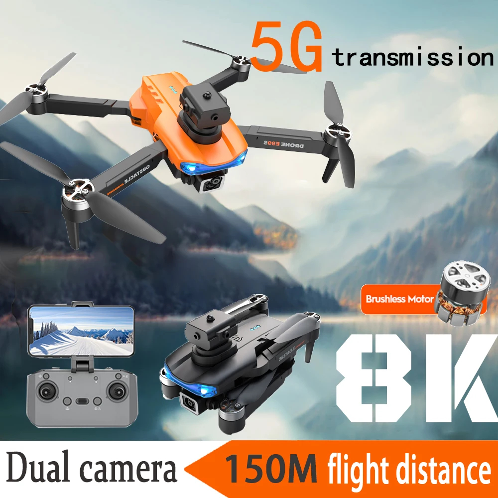 NM58386 Brushless Drone 8K Camera Professional Drone with Camera & Flash RC Obstacle Avoidance Mini Drone - Black & Orange