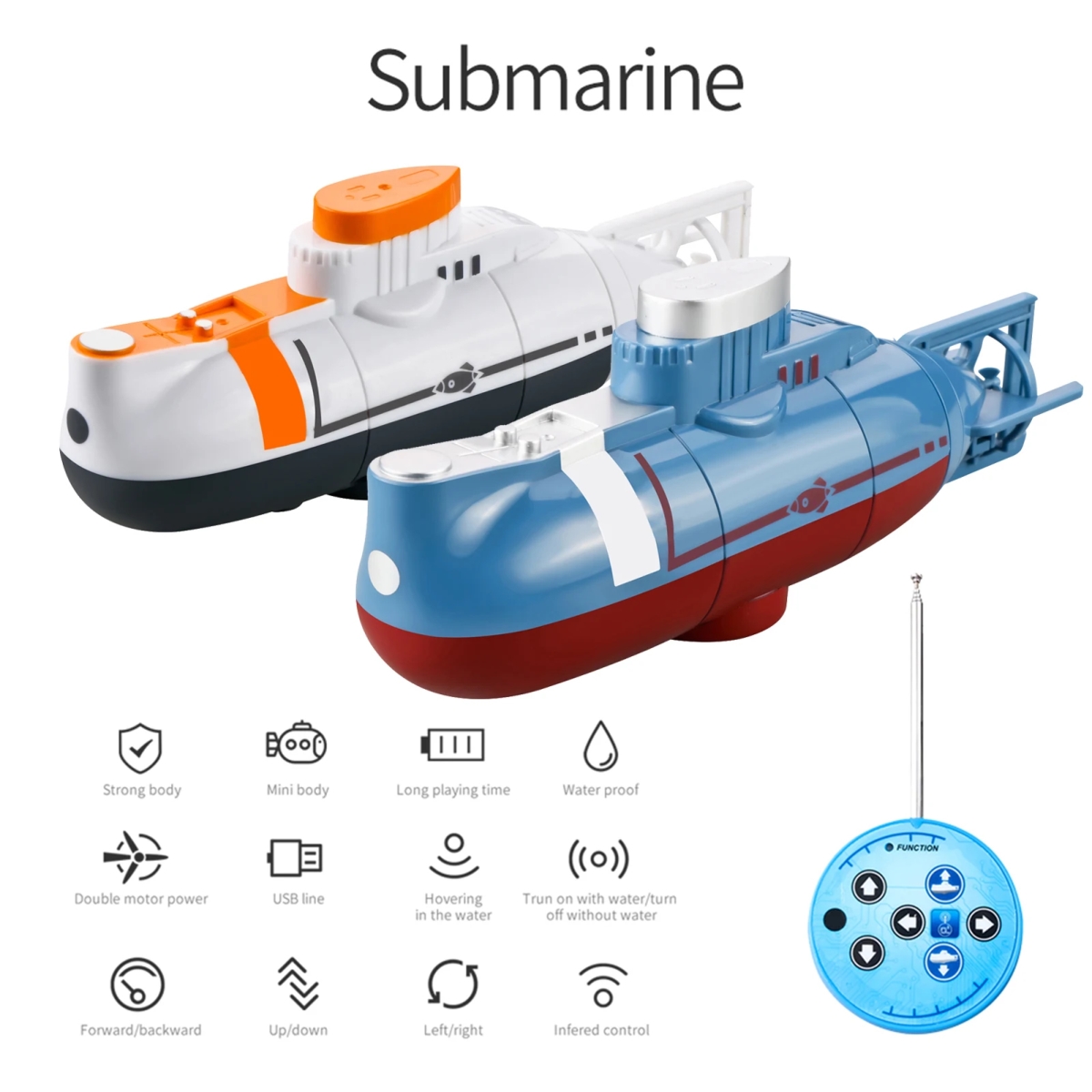 NM58507 Mini RC Sub Marine Remote Control Boat Waterproof Micro Size Rudder System Brush Motor RC Toy for Kids - White & Blue