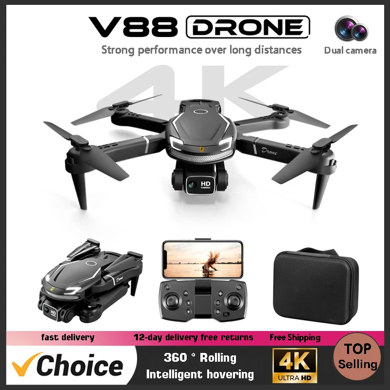 NM58744 V88 Pro RC Drone 4K Professional with 1080P Wide Angle Dual HD Camera Foldable RC Helicopter Intelligent Hovering Toy Gifts