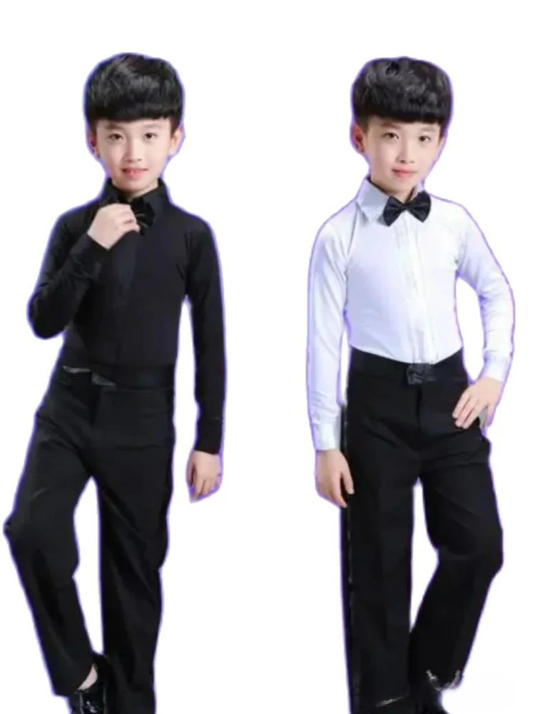 NM59087 Latin Dance Costume Ballroom Cha Cha Tango Stage Performance Costumes Children Bow Top & Pant - Black & White